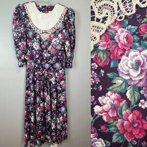 Vtg Lisa II Purple Floral Bib Collar Drop Waist Dress Size 14 Garden Cottage
